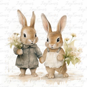 6 Aquarell Hasenpaar JPG, Ostermädchen Hase & Junge Hase, Osterhase Clipart, druckbare Aquarell Clipart, hochwertige JPG Download