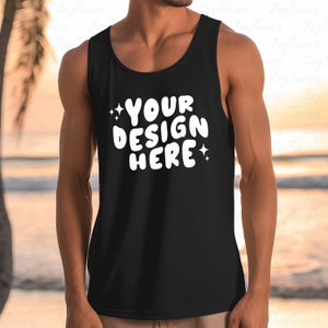 Schwarzes Tank Top, männliches Modell, Gildan 5200 Schwarzes Tank Top, POD Tank Top Mockup, leeres Tanktop, ästhetisches Mockup, POD Verkäufer Mockup