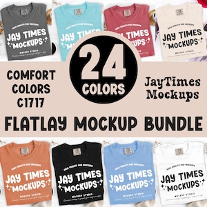 Może przedstawiać: Zestaw makiety flatlay z koszulkami w różnych kolorach, w tym szarym, niebieskim, czerwonym i kremowym. Koszulki wyświetlają tekst "Jay Times Mockups" i "Mockup Studio". Obraz wyróżnia również "24 kolory" i "Comfort Colors C1717".