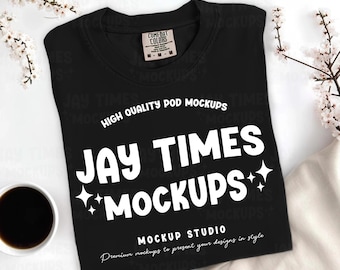 Comfort Colors Black Flatlay Mockup C1717 flat lay folded T-shirt Mock Short sleeve shirt mock Comfort Colors Black mockup C1717 mock
