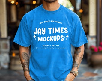 Comfort Colors 1717 Man Model Mockup Royal Caribe Blue Comfort colors 1717 Tshirt mockup Aesthetic mock Men Mockup Download 1717 mockup Blue