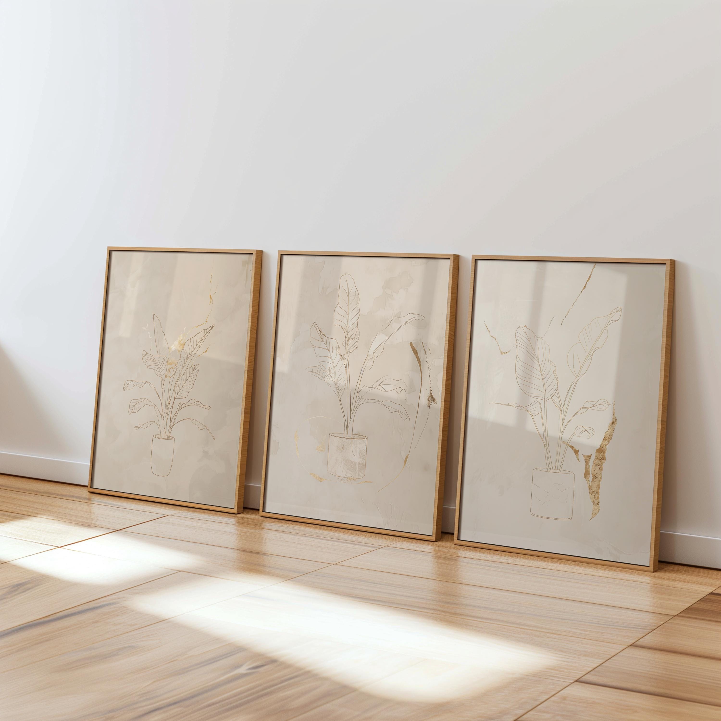 Line Art Plant Print Set – Minimalist Botanical Wall Art | Beige & Gold ...