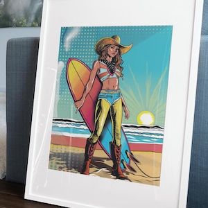 Sunny Coastal Cowgirl Surfer Poster, strandkamerinrichting, kustmeubilair kunst aan de muur, stranddecor afdrukken, instant downloadbare cowgirl-afdruk