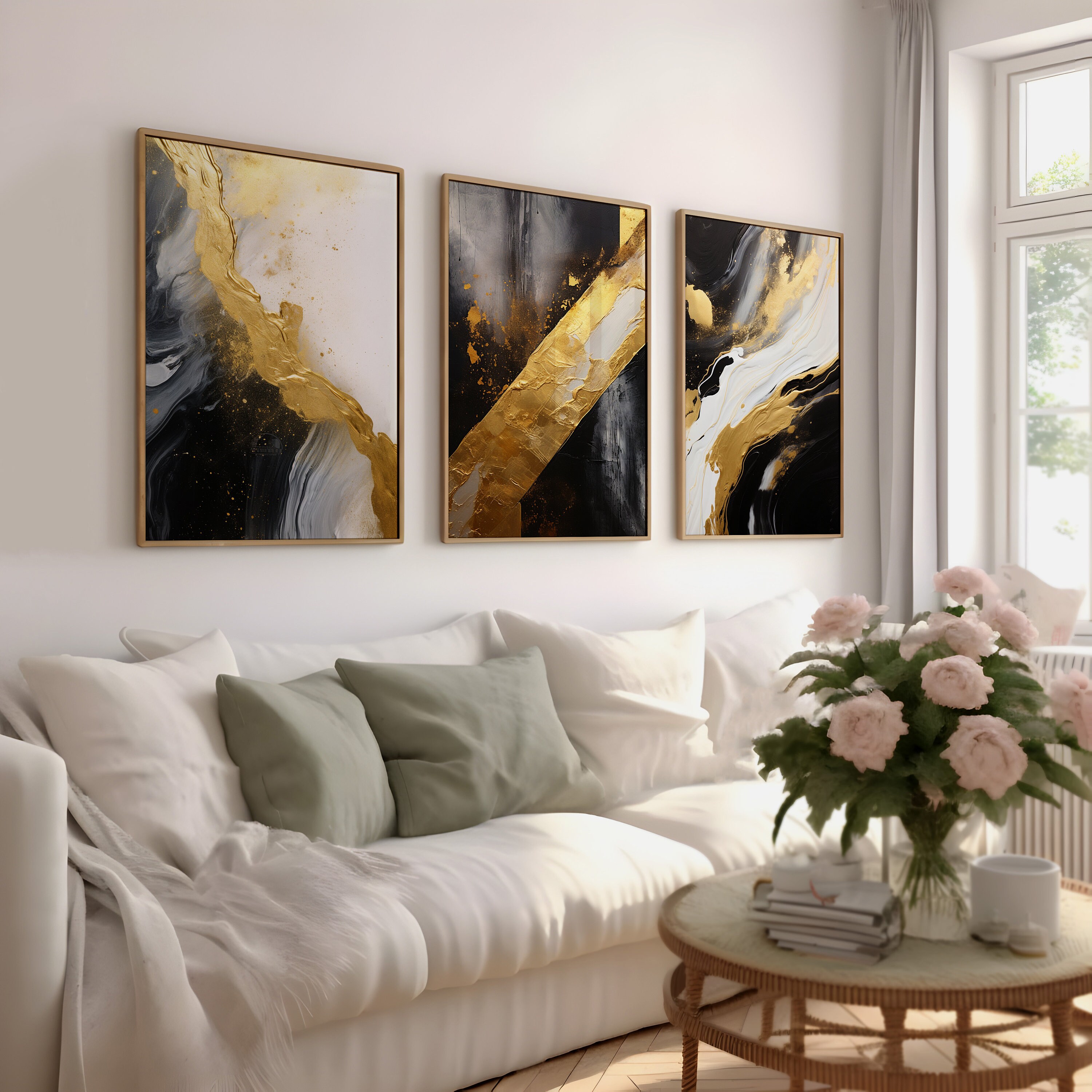 3 Piece Abstract Wall Art, Triptych Art, Black and Gold Gallery Wall
