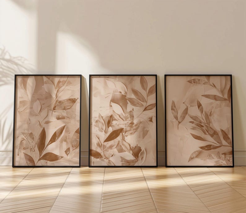 Neutral Botanical Wall Art Set of 3 – Beige and White Abstract Leaf ...