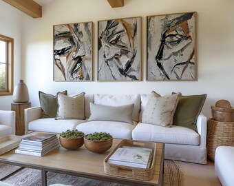 Abstract Triptych Wall Art Textured Paint Effect Neutral Acrylic Painting, Contemporary 3 Piece Digital Artwork for Modern Living Room Decor