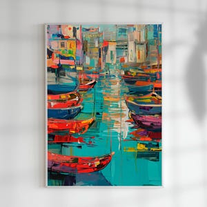 Colorful Harbor Seascape Wall Art Boat Painting, Water Reflection Digital Download for Waterfront Home & Beach House Decor Instant Download
