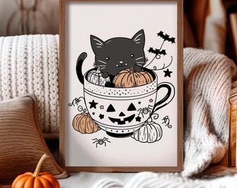 Cute Black Cat Halloween Print – Pumpkin Trick or Treat Wall Art | Halloween Decorations & Home Decor | Halloween Prints - Digital Download