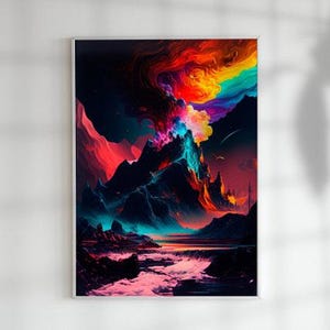 Mountain Landscape Space poster, Interstellar Poster, Interstellar galaxy wallart, pink cosmos digital download, Science Fiction Prints.