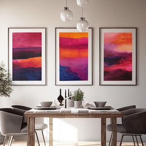 Sunset Landscape Digital Prints | Set of 3 Watercolor Paintings | Three Piece Wall Art for Beach House Decor | Triptych 3 Piece Wall Art