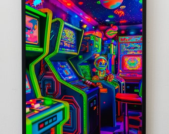 May include: A framed digital art print of a retro arcade. The artwork features vibrant neon colors, showcasing arcade machines, a starry sky with planets, and a small figure sitting on a stool.