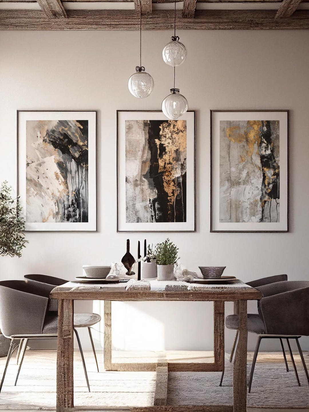 Triptych Three Piece Textured Paint Style Gold Abstract Wall Art ...
