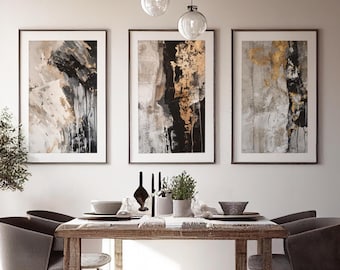 Triptych three piece textured paint style Gold Abstract Wall Art, Triptych artwork for Masculine wall art