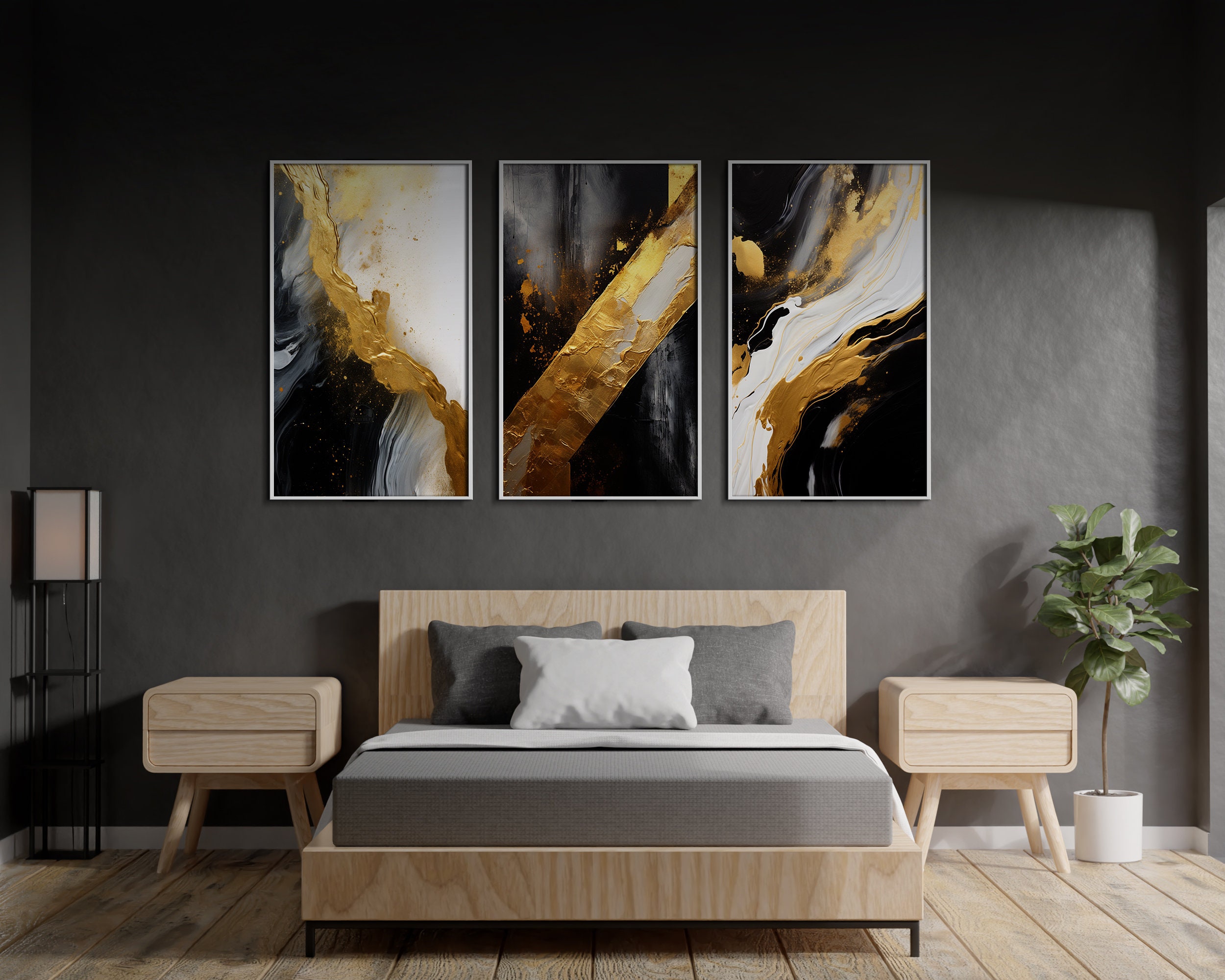 3 Piece Abstract Wall Art, Triptych Art, Black and Gold Gallery Wall