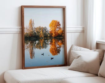 Autumn Landscape Wall Art, Calm Water Reflection Print, Fall Colors Nature Photography, Large Print for Living Room, Scandinavian Home Decor