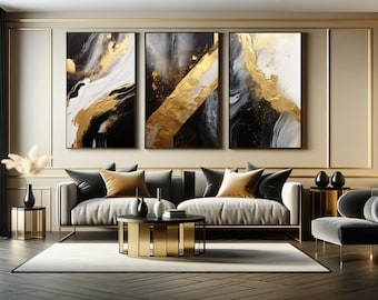 Black and Gold Abstract Wall Art Set of 3 | Masculine Triptych Printable | Modern Luxe Living Room Office Decor, Instant Download