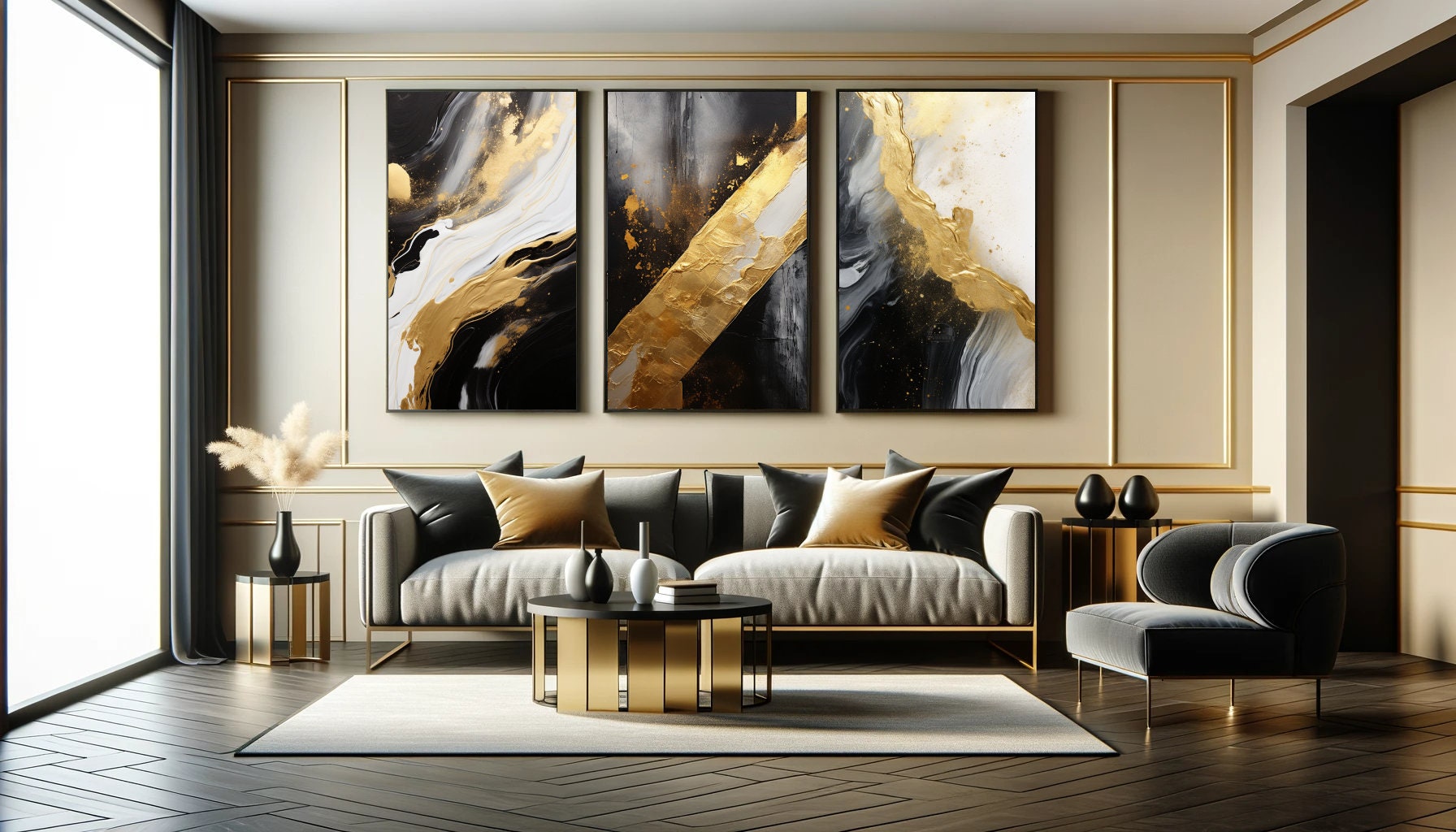 3 Piece Abstract Wall Art, Triptych Art, Black and Gold Gallery Wall