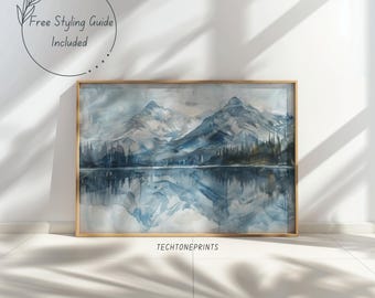 Snowy Winter Watercolor Mountain Landscape, Nature photography Wall Art – Large Printable Nature Scene, Mountain Painting, Printable Artwork
