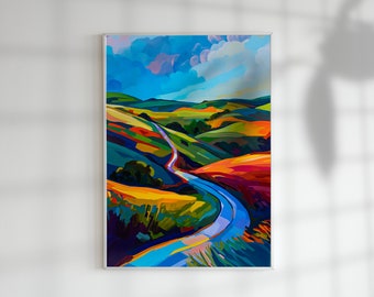 May include: A colorful abstract painting of a winding road through a landscape of rolling hills. The sky is blue with white clouds and the hills are painted in shades of green, yellow, orange, red, and purple.