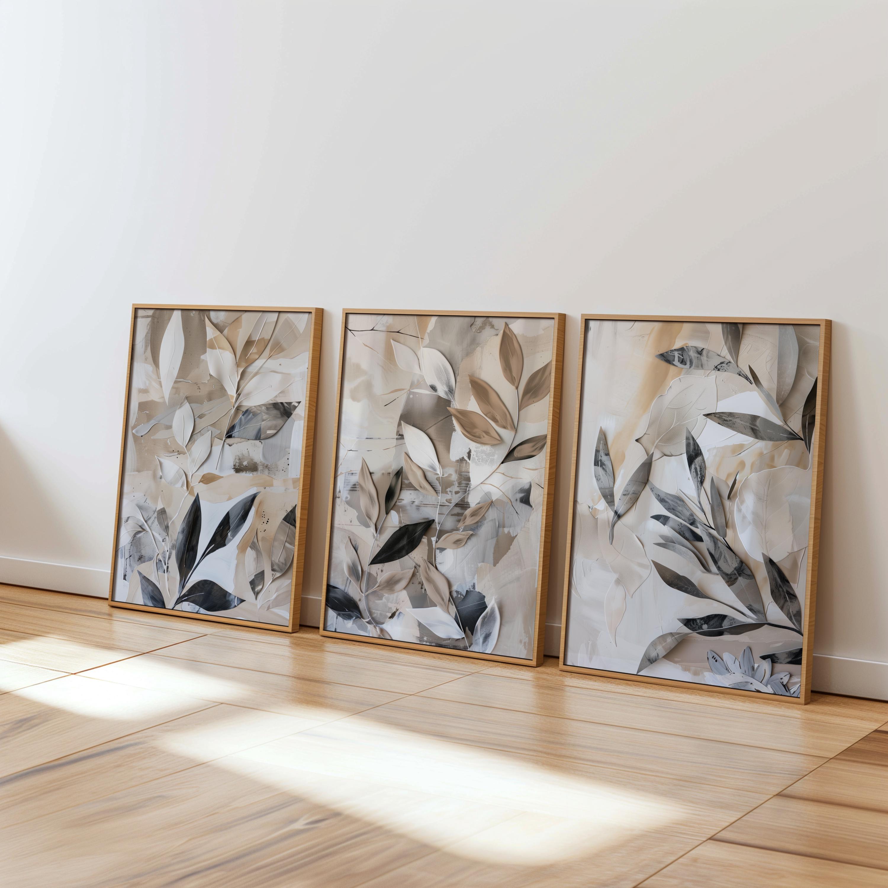 Neutral Botanical Wall Art Set of 3 – Beige and Grey Abstract Leaf ...
