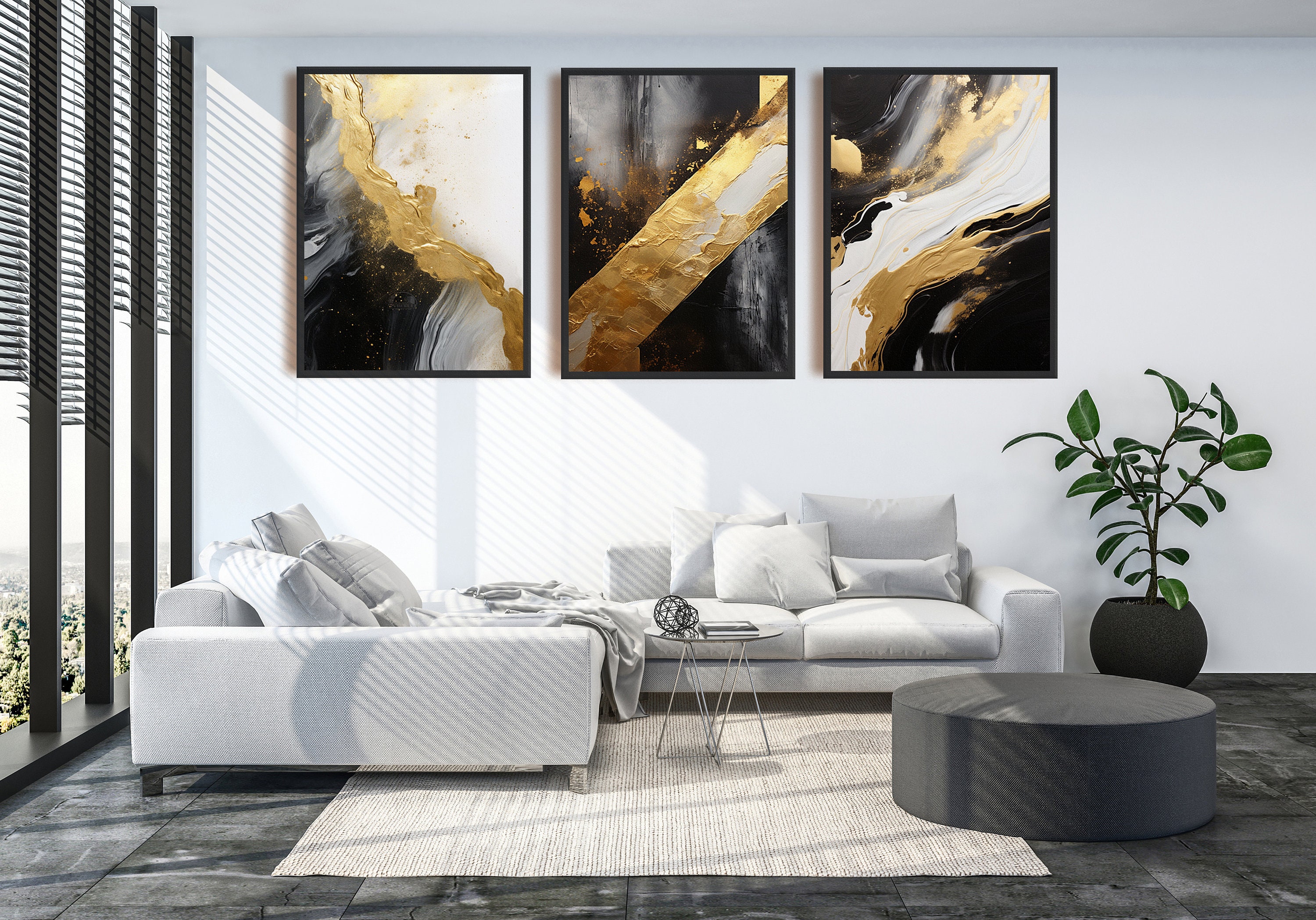 3 Piece Abstract Wall Art, Triptych Art, Black and Gold Gallery Wall