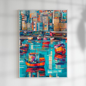 Boat Painting - Vibrant Harbor Seascape Wall Art, Water Reflection Digital Download for Waterfront Home & Beach House Decor Instant download