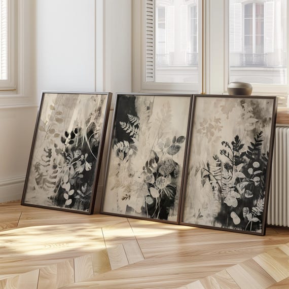 黒と白の押し花アート、植物の静けさ、3ピースのウォールアート 