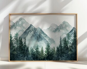 Snowy Mountain Nature photography Wall Art, Watercolor Landscape, Large Printable Nature Scene, Printable Mountain Painting Artwork
