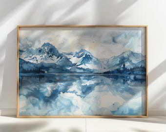 Watercolor Mountain Nature photography Wall Art – Snowy Winter Landscape, Large Printable Nature Scene, Mountain Painting, Printable Artwork