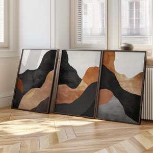Modern Abstract Wall Art Set of 3 – Neutral Triptych in Earth Tones, Minimalist Printable Artwork for Scandinavian Bedroom or Living Room De