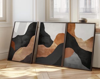 Modern Abstract Wall Art Set of 3 – Neutral Triptych in Earth Tones, Minimalist Printable Artwork for Scandinavian Bedroom or Living Room De