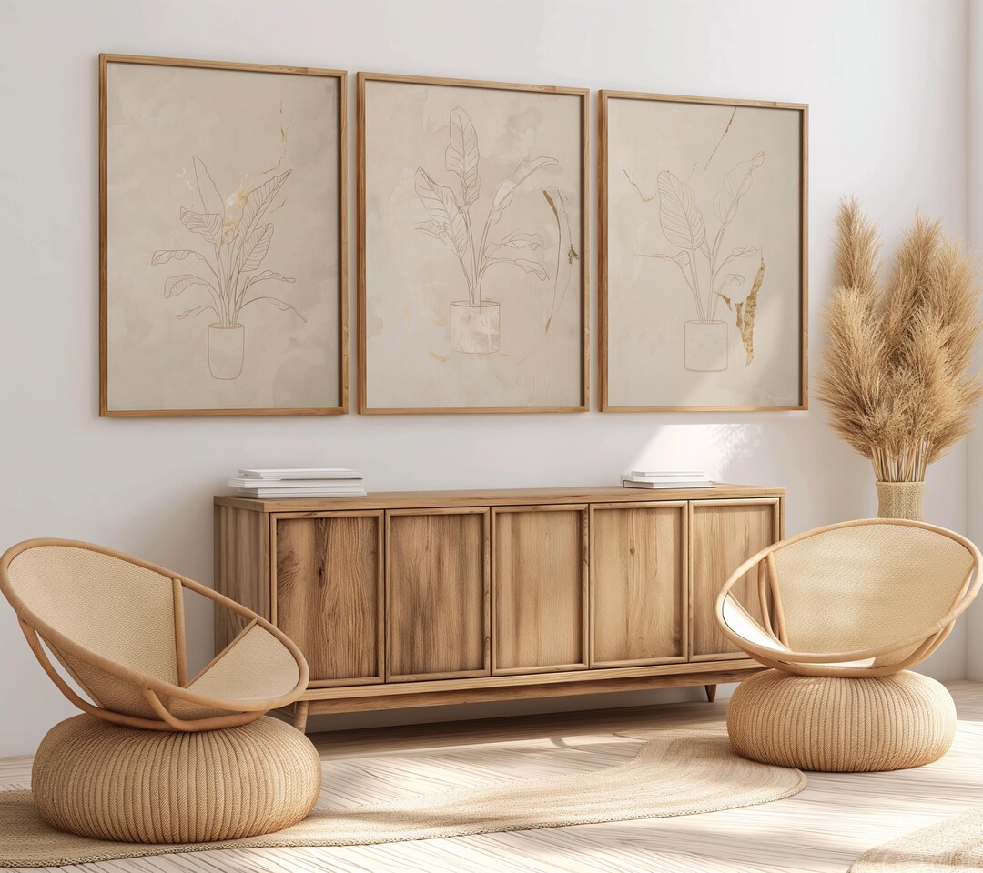 Line Art Plant Print Set – Minimalist Botanical Wall Art | Beige & Gold ...