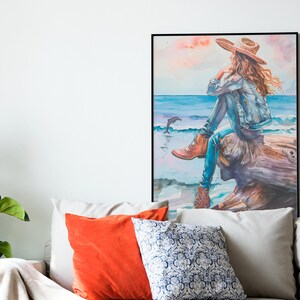 Op de oceaan geïnspireerde Coastal Cowgirl-stijl, Coastal Cowgirl-muurkunst, Strandkamerinrichting met een westers tintje