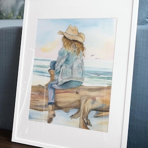 Cowgirl op het water, Coastal Cowgirl strandkunstwerken, op de natuur geïnspireerde landschapstekeningen Directe download voor afdrukken op dezelfde dag