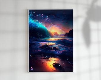 Sunset Seascape Digital Art | Beach Sunset Painting for Waterfront Home | Reflective Water Wall Art | Instant Download Digital Prints