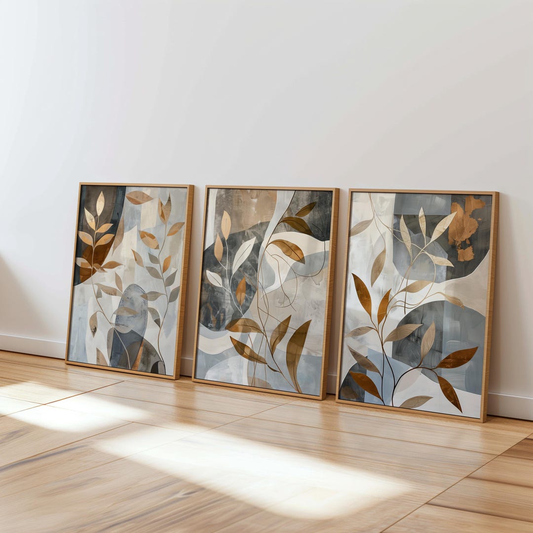 Neutral Botanical Wall Art Set of 3 – Blue & Gold Abstract Leaf Prints ...