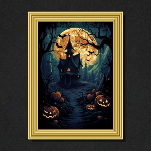 PRINTABLE Halloween Spooky Haunted House Wall Art, Haunted House Print, Halloween Home Decor, Ghostly House Art, Digital Download Art Print.