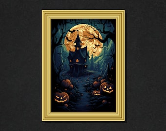 DO DRUKU: Straszne, nawiedzone dekoracje ścienne z motywem Halloween, wydruk z nawiedzonym domem, wystrój domu na Halloween, sztuka z nawiedzonym domem, cyfrowy wydruk artystyczny do pobrania.