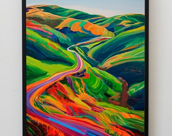 May include: A colorful abstract painting of a winding road through a landscape of green, orange, red, and purple hills.