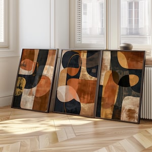 Modern Abstract Wall Art Set of 3 – Neutral Triptych Printable in Earth Tones – Scandinavian Minimalist Digital Download for Bedroom Decor