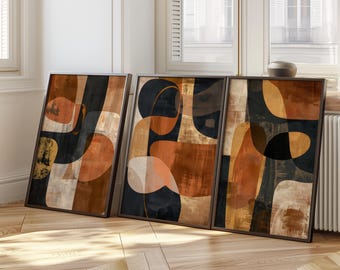 Modern Abstract Wall Art Set of 3 – Neutral Triptych Printable in Earth Tones – Scandinavian Minimalist Digital Download for Bedroom Decor