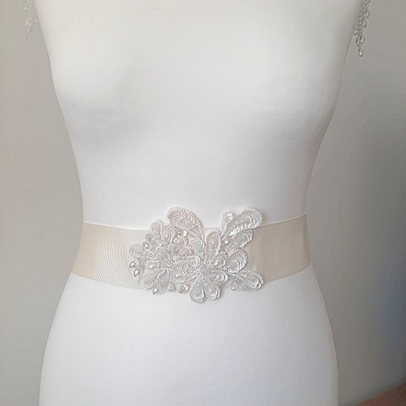 Ivory Wedding Belt/wide Bridal Sash/flower Beige Embroidered 