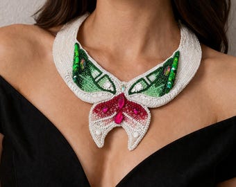 Beaded Statement Necklace, Floral Collar Necklace, Handmade Embroidered Jewelry, Bold Fashion Necklace, Unique Gift for Her