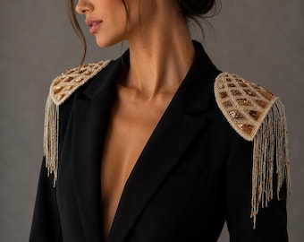 Épaulettes de luxe en perles dorées, bijoux d'épaule faits main, épaulettes à franges couture, accessoire de mode tendance