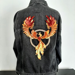 Embroidered beaded Jean embellish jacket. Statement denim jacket Karneval, unique oversized Stylish jacket. Custom sequin denim jacket.