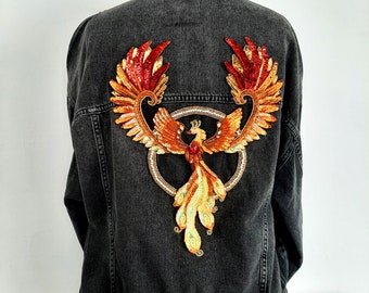 Embroidered beaded Jean embellish jacket. Statement denim jacket Karneval, unique oversized Stylish jacket. Custom sequin denim jacket.