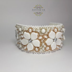Statement beaded cuff bracelet/Boho style bracelet/Crystal embroidery accessory/Unique Wedding jewelry