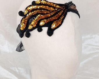 Art Deco Beaded Headband, Gold Black 1920s Flapper Headpiece, Handmade Sequin Hair Accessory, Gatsby Costume Headband, Vintage Style