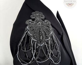 Black Beaded Epaulettes, Luxury Shoulder Jewelry, Gothic Couture Shoulder Piece, Handmade Statement Accessory