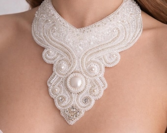 Luxe bruidsstatementketting, kralen trouwkraag, ivoorparelborduurwerk, couture bruidssieraden, handgemaakt statementstuk